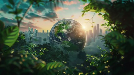 Obraz na płótnie Canvas This image creatively contrasts a lush jungle foreground with a futuristic cityscape and globe, evoking thoughts on global urbanization