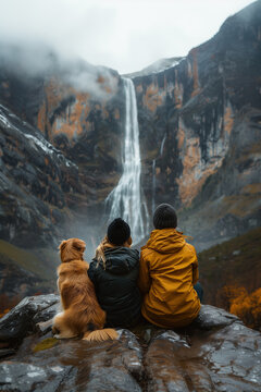 Companionship and Nature: Friends with Dog Enjoy Waterfall. Generative AI image