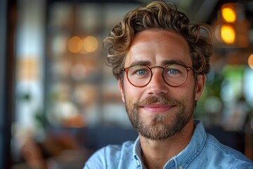 Obraz premium A portrait of a handsome man with curly hair and glasses smiling inside a café with soft lighting