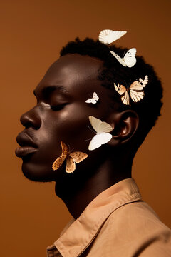 An evocative image capturing a peaceful profile adorned with delicate butterflies. Generative AI