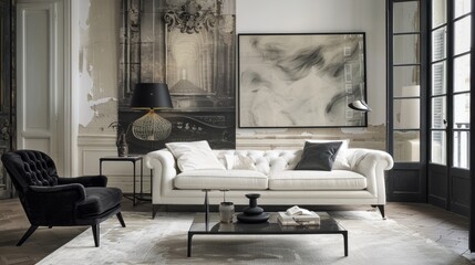 Home decor with the striking contrast of a white sofa and black armchair, complemented by blank posters on the wall