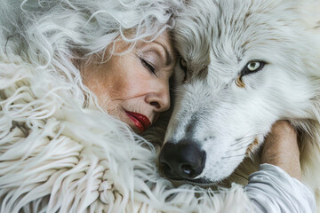Elderly woman embracing a large white dog. Generative AI image