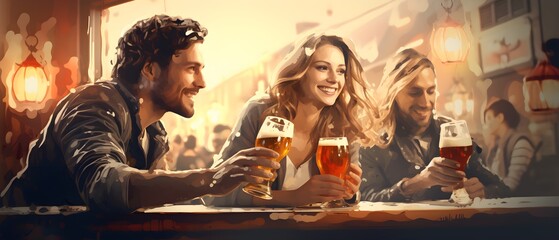 Group of handsome young men in casual clothing enjoying beer while sitting at the bar counter in pub
