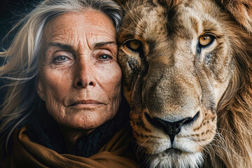 Intense gaze shared between elderly woman and lion. Generative AI image
