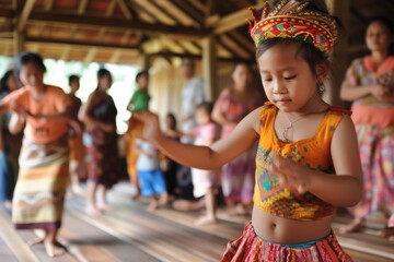 Children learning traditional dances from one culture and modern music from another, a blend of their parents' backgrounds.