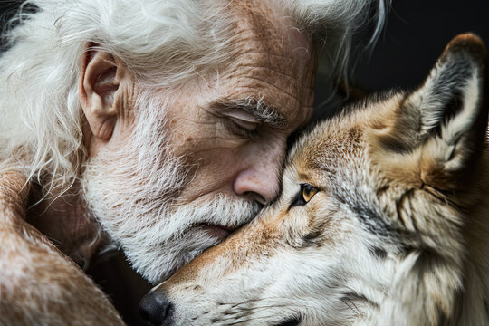 Intimate moment between elderly man and wolf. Generative AI image