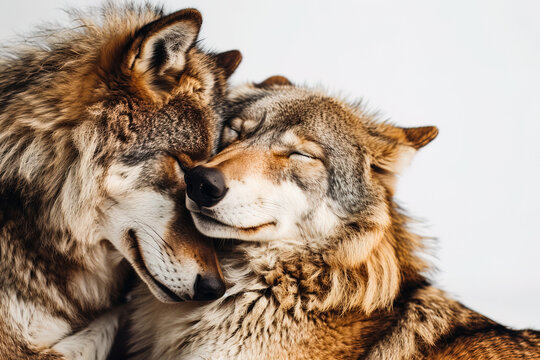 Tender moment between two wolves showing affection. Generative AI image