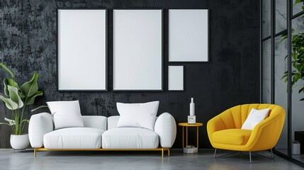 Home decor with the inviting contrast of a white sofa and yellow armchair in a living room adorned with blank posters on the wall