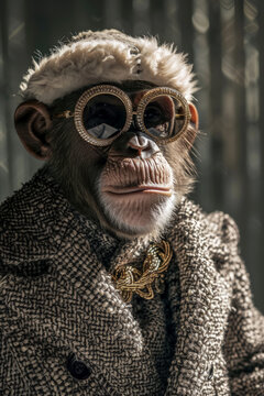 Stylish monkey wearing glasses and winter outfit. Generative AI image