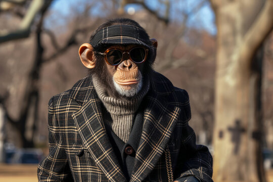Stylish monkey in chic outfit and sunglasses outdoors. Generative AI image