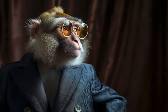Stylish Monkey in Suit and Round Glasses. Generative AI image