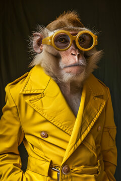 Stylish monkey dressed in a yellow jacket and glasses. Generative AI image