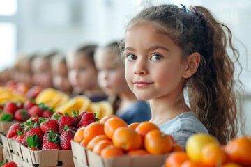 Fototapeta premium A young girl with a gentle smile standing in front of baskets filled with fresh fruit, looking at the camera