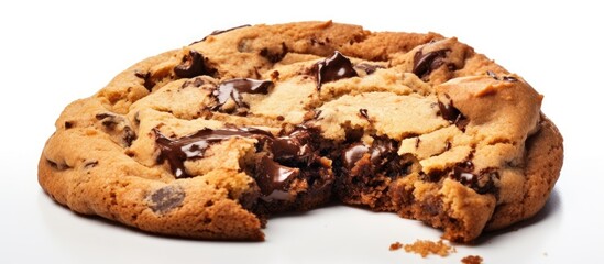 A decadent chocolate chip cookie with a missing bite, set against a crisp white background. The cookie showcases its golden-brown texture and prominent chocolate chips, inviting indulgence with its