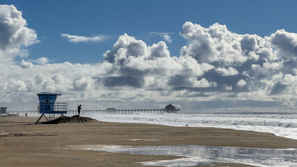 solitary human facing the beach and ocean looking at their cell phone