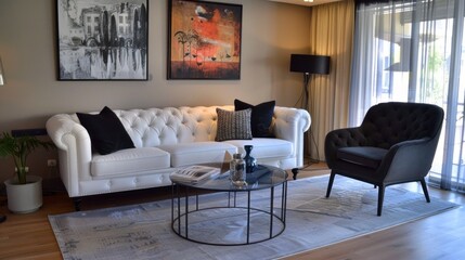 Timeless elegance home decor of a white sofa combined with a black armchair, with a blank poster background on the wall