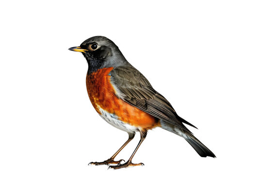 American robin bird, full body isolation on a pristine white background, high quality stock photograph, displaying vivid red-orange breast, gray-brown wings and tail, small dark eyes gazing