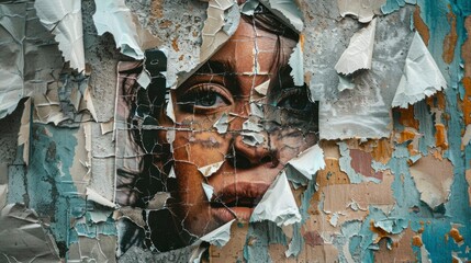 face of a beautiful woman on an old painted wall with cuts and cracks in high resolution and quality