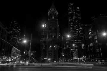 Foto auf Alu-Dibond  Night Toronto life - historical and contemporary downtown with streets ligtht. Black and white. Historic red bricks thin building at downtown Toronto.  © joi