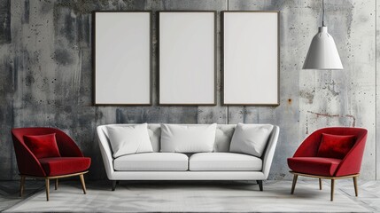Living space with the timeless charm of a white sofa and red armchair, complemented by blank posters on the wall