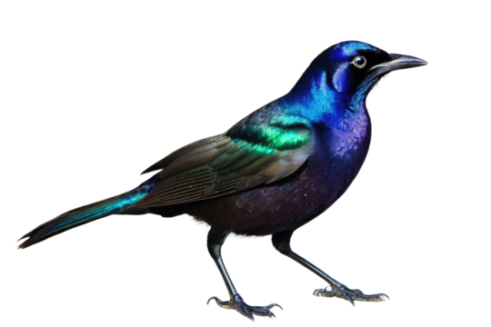 Common grackle bird, full body, high quality stock photograph, isolated on white background, feathers shimmering with iridescent purple and blue, yellow piercing eyes, natural light, ultra clear
