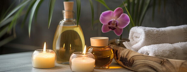 Tranquil spa experience: aromatic oils and warm candlelight.