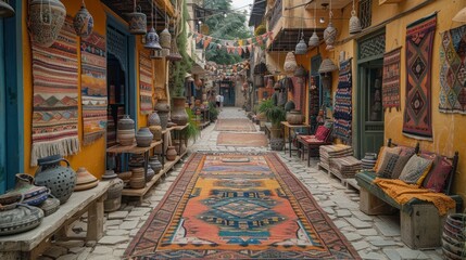 A narrow alleyway in the city with shops and a rug