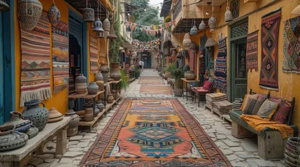 Papier Peint photo Ruelle étroite A narrow alleyway in the city with shops and a rug