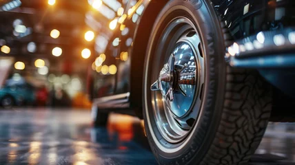 Foto op Plexiglas Gleaming chrome details on a classic car wheel, reflecting city lights © Татьяна Макарова