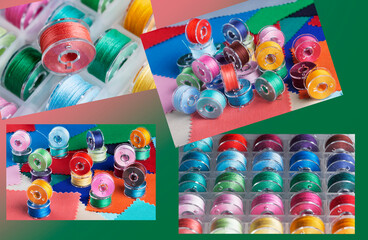 Collage of photographs of plastic bobbins for a sewing machine with bright threads in a storage box.