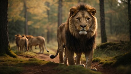 Pictures of a lion in a forest
 - obrazy, fototapety, plakaty