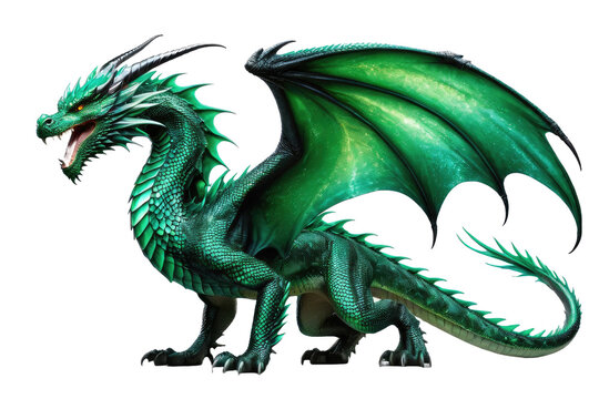 Emerald green dragon, full body, fantasy creature, isolated on white background, high quality stock photo, glistening scales, fierce pose, tail curled, wings spread wide, detailed texture