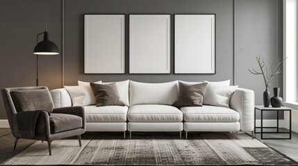 Living room adorned with a white sofa and chocolate armchair, set against the backdrop of blank posters on the wall