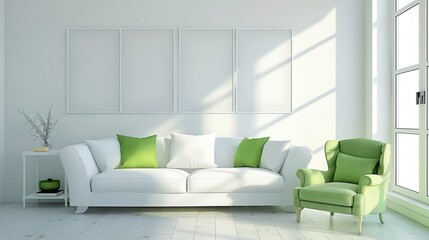 Living room adorned with a white sofa and green armchair, accompanied by blank posters on the wall
