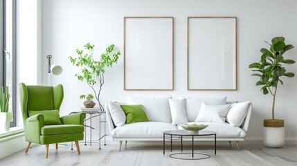Living room adorned with a white sofa and green armchair, accompanied by blank posters on the wall