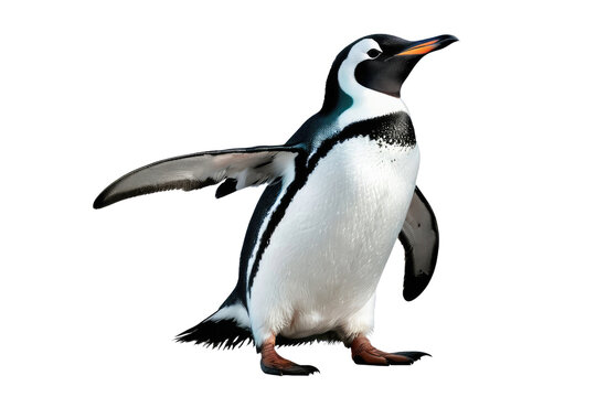 Happy penguin, full body, isolated, white background, high-quality stock photograph, natural pose, engaging with the camera, feather texture visible, soft shadow beneath, vibrant contrast, ultra-clear