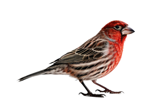 House finch, full body, vivid colors, isolated on white background, high-resolution stock photo, crisp definition, detailed texture of feathers, soft shadow beneath, clear and sharp eye contact