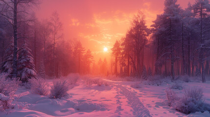 winter panorama landscape with forest, trees covered snow and sunrise. winterly morning of a new...