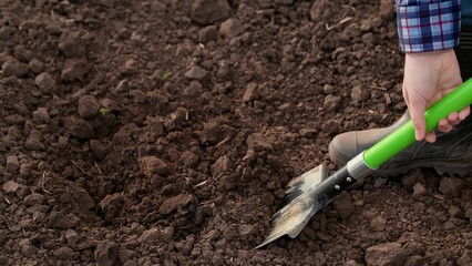 Farmer, gardener, man, woman in rubber boots dig earth with shovel in garden, in field, on farm....