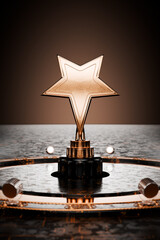 Star award. Prize, first place. Award on a metal background. Gold star on a pedestal, award...