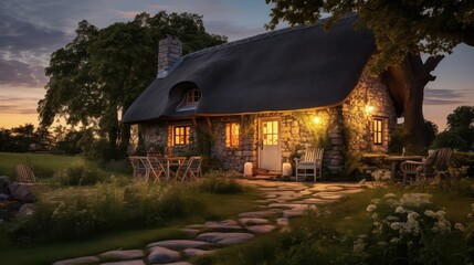 peaceful evening cottage building