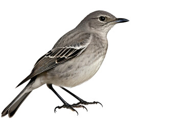 Northern mockingbird, full body profile, perched gracefully, isolated against a pure white background, feathers textured in intricate detail, stock photo