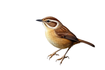 Single Carolina Wren perches, full body view, isolated on white background, feather details highlighted, ultra clear, in a high-quality stock photograph style