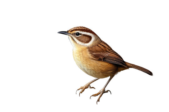 Single Carolina Wren perches, full body view, isolated on white background, feather details highlighted, ultra clear, in a high-quality stock photograph style