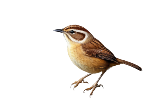 Single Carolina Wren perches, full body view, isolated on white background, feather details highlighted, ultra clear, in a high-quality stock photograph style
