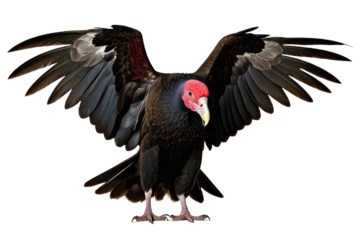 Turkey vulture, full body isolated, high quality stock photograph, pure white background, showcasing detailed feather texture, sharp beak, piercing gaze, natural lighting