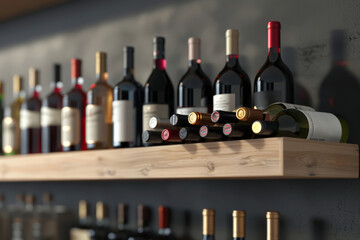 Bottles of various wine on a shelf against the wall, selective focus
