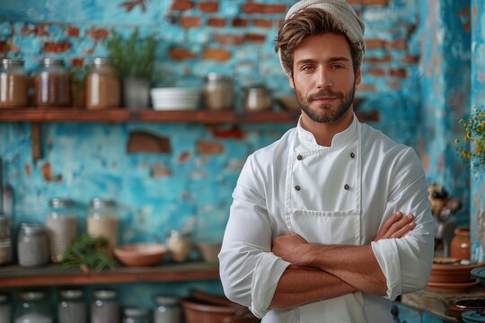 A male chef in white uniform stands confidently with arms crossed in a rustic kitchen setting, looking at the camera