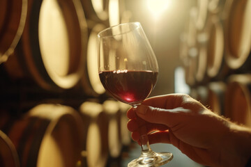 A man's hand holding a glass of red wine on the background of wooden barrels in the basement against the background of a small window and sunlight
 - obrazy, fototapety, plakaty