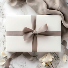 elegant gift box with a bow decorated with beads and stones. Neutral wrapper shades, copy space